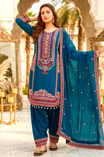 Teal chanderi embroidered farshi salwar set