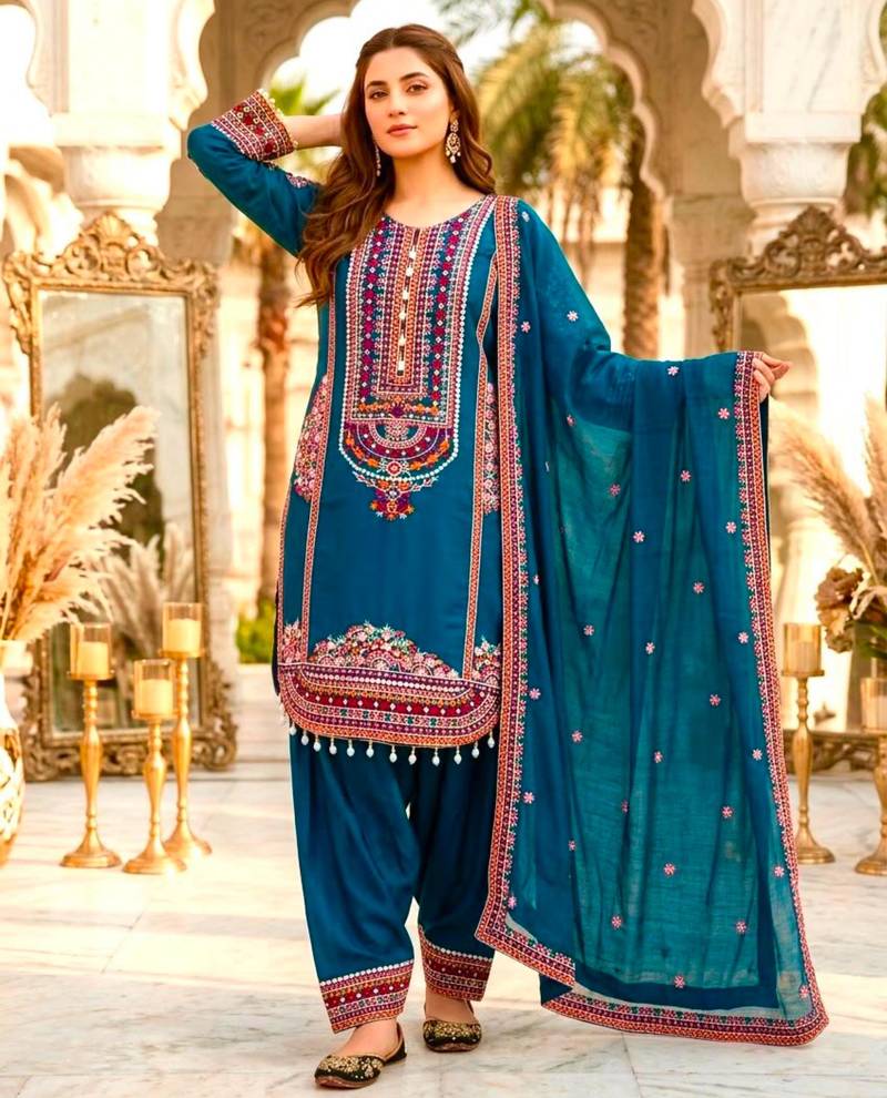 Teal chanderi embroidered farshi salwar set