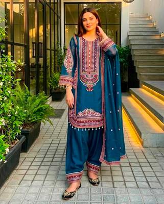 Teal chanderi embroidered farshi salwar set 2