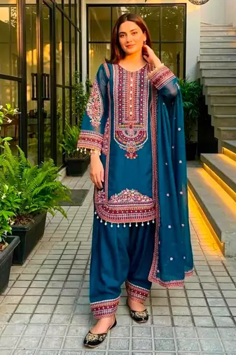 Teal chanderi embroidered farshi salwar set