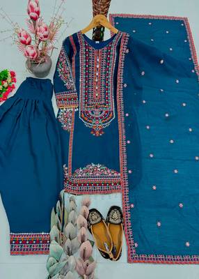 Teal chanderi embroidered farshi salwar set 3