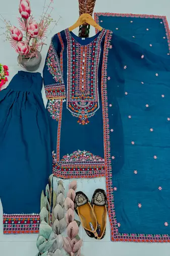 Teal chanderi embroidered farshi salwar set