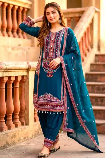 Teal chanderi embroidered farshi salwar set