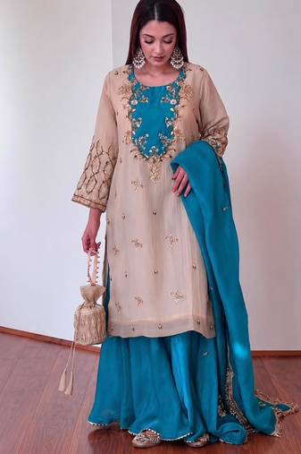 Beige silk blend embroidered palazzo set
