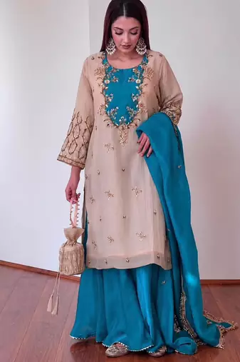 Beige silk blend embroidered palazzo set