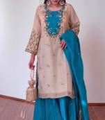 Beige silk blend embroidered palazzo set