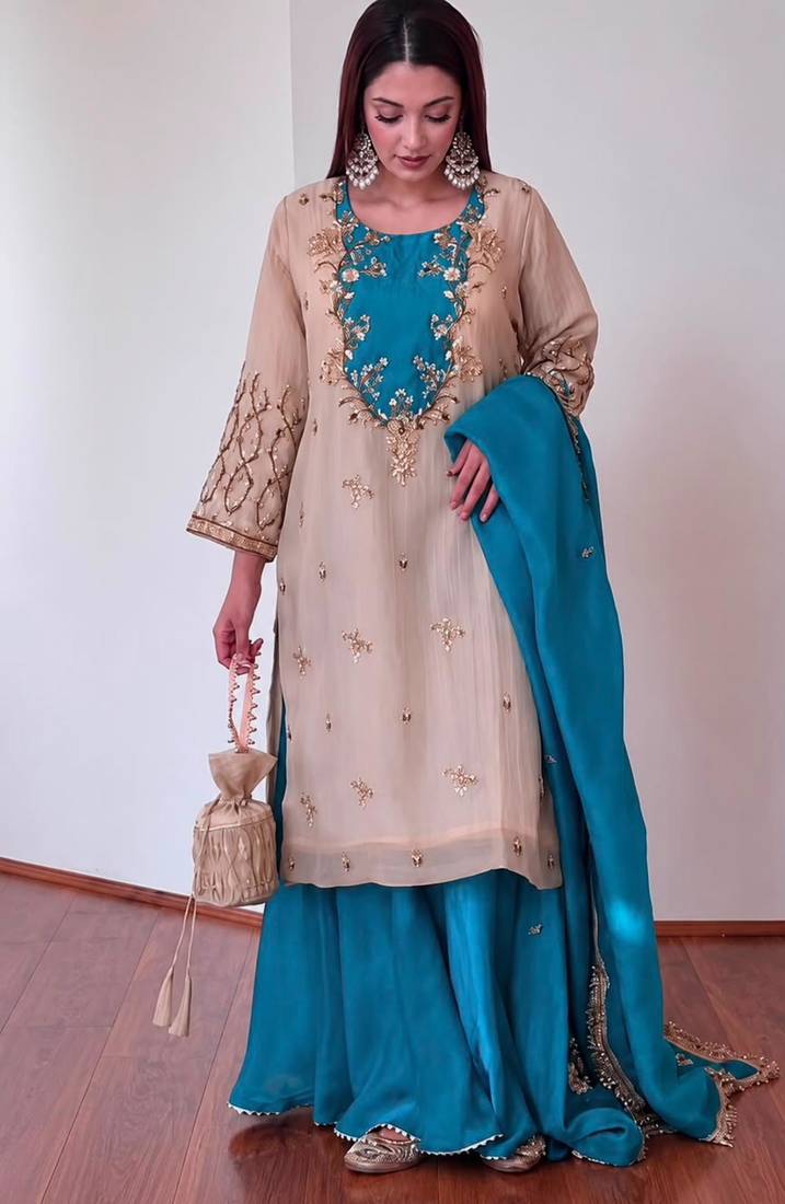 Beige silk blend embroidered palazzo set