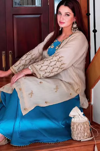 Beige silk blend embroidered palazzo set
