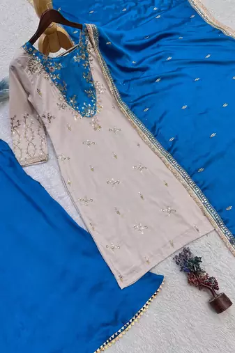 Beige silk blend embroidered palazzo set