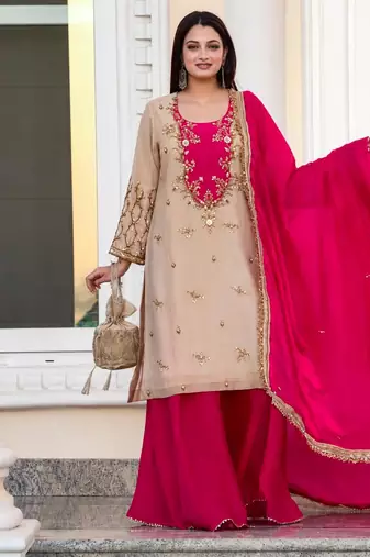 Beige silk blend embroidered palazzo set