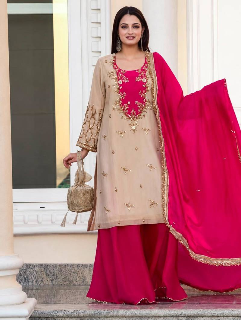 Beige silk blend embroidered palazzo set