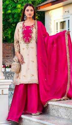 Beige silk blend embroidered palazzo set 2