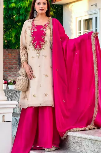 Beige silk blend embroidered palazzo set