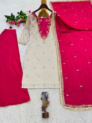 Beige silk blend embroidered palazzo set 3