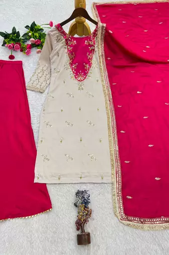 Beige silk blend embroidered palazzo set