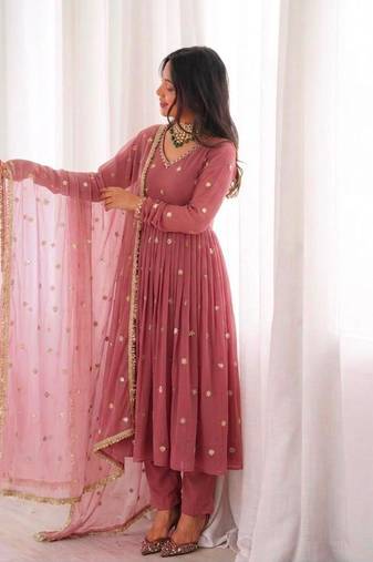 Onion-pink faux georgette embroidered anarkali set