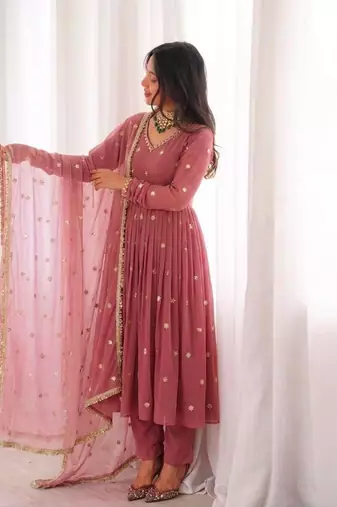 Onion-pink faux georgette embroidered anarkali set
