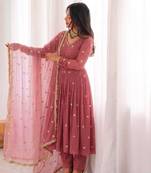 Onion-pink faux georgette embroidered anarkali set
