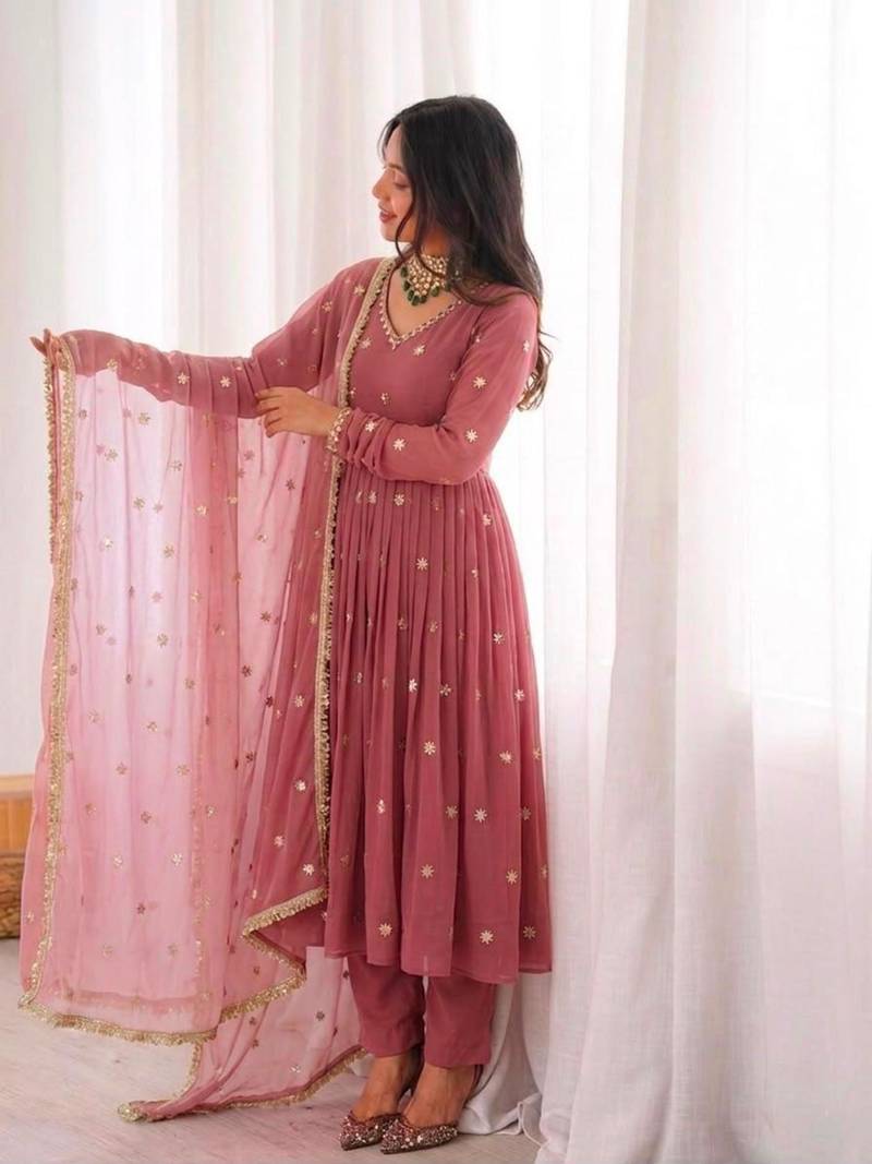 Onion-pink faux georgette embroidered anarkali set