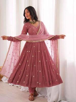 Onion-pink faux georgette embroidered anarkali set 2
