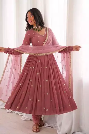 Onion-pink faux georgette embroidered anarkali set