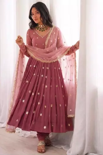 Onion-pink faux georgette embroidered anarkali set