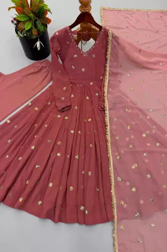 Onion-pink faux georgette embroidered anarkali set