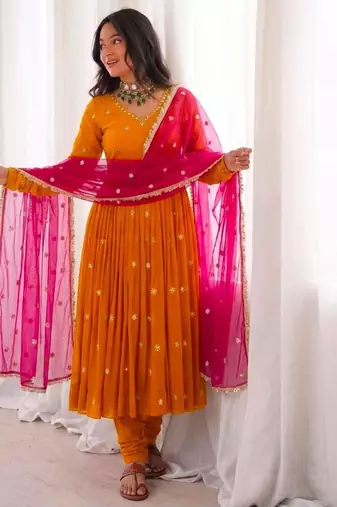 Orange faux georgette embroidered anarkali set