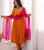 Orange faux georgette embroidered anarkali set