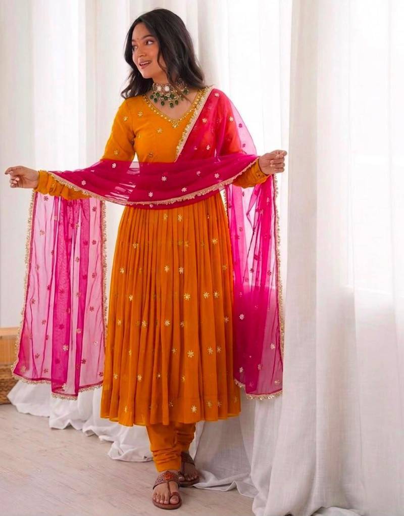 Orange faux georgette embroidered anarkali set