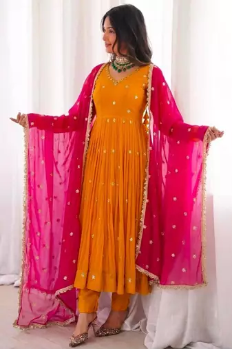 Orange faux georgette embroidered anarkali set