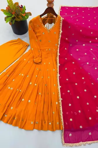 Orange faux georgette embroidered anarkali set