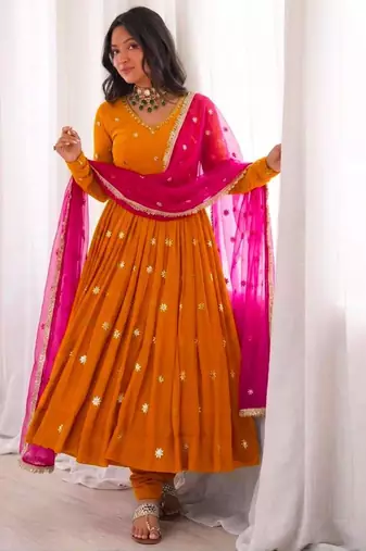 Orange faux georgette embroidered anarkali set
