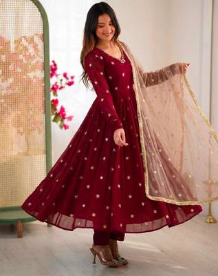 Maroon faux georgette embroidered anarkali set 1