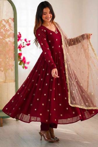 Maroon faux georgette embroidered anarkali set