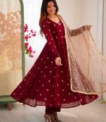 Maroon faux georgette embroidered anarkali set