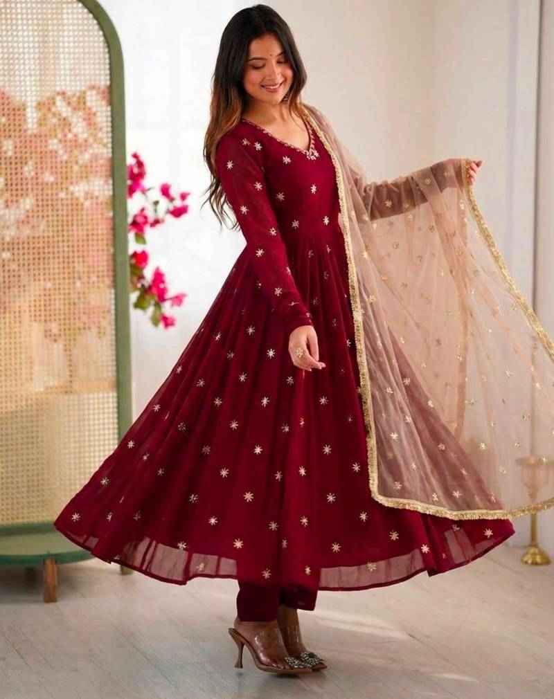 Maroon faux georgette embroidered anarkali set