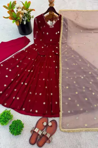 Maroon faux georgette embroidered anarkali set