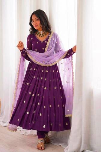 Purple faux georgette embroidered anarkali set