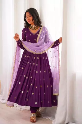 Purple faux georgette embroidered anarkali set