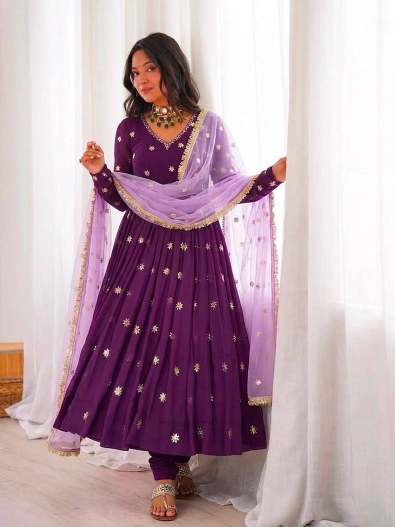 Purple faux georgette embroidered anarkali set
