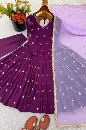 Purple faux georgette embroidered anarkali set