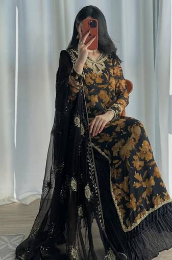 Black faux georgette embroidered palazzo set