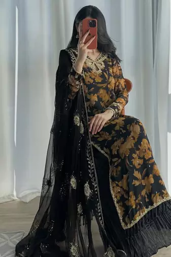 Black faux georgette embroidered palazzo set