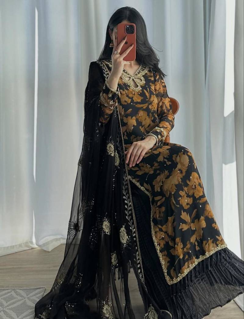 Black faux georgette embroidered palazzo set