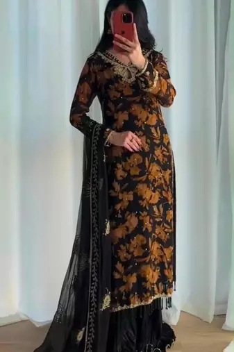 Black faux georgette embroidered palazzo set
