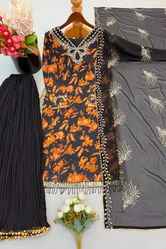 Black faux georgette embroidered palazzo set