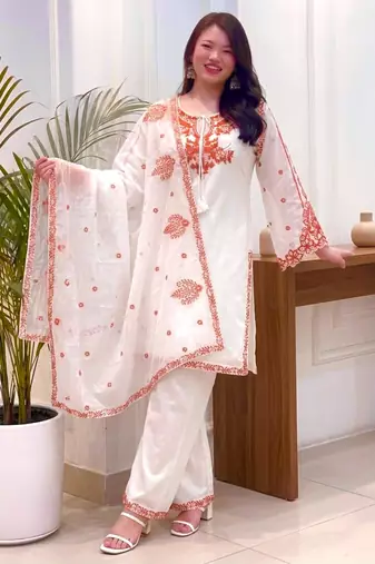 Off-white silk blend embroidered palazzo set
