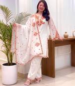 Off-white silk blend embroidered palazzo set