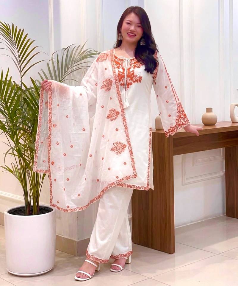 Off-white silk blend embroidered palazzo set